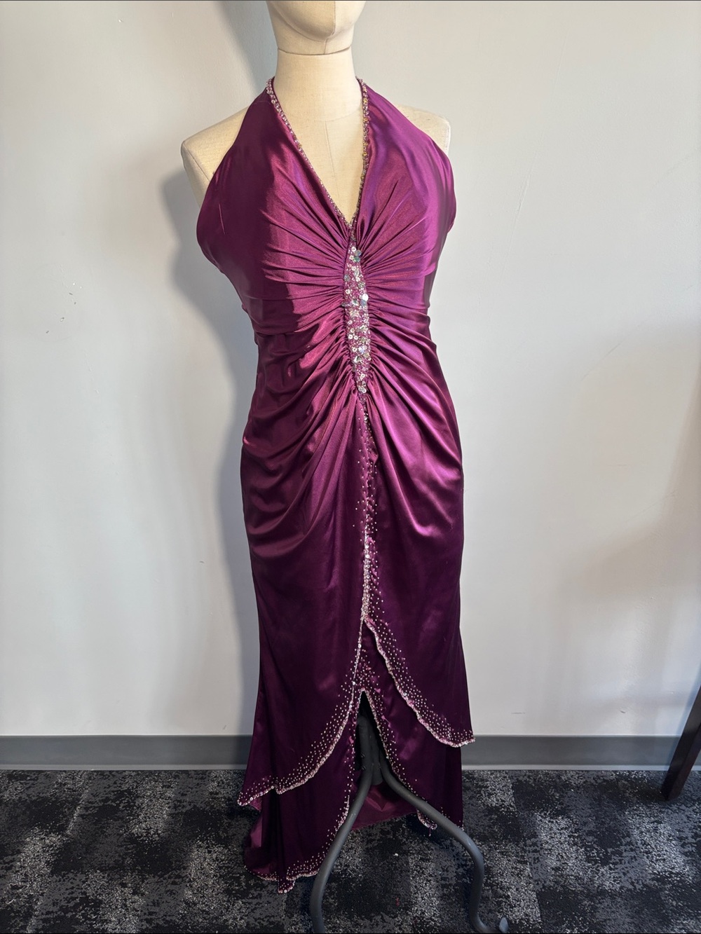 Beaded Halter Evening Gown in Deep Plum